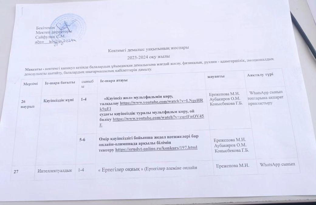 Жарқын жалпы орта білім беретін мектебінде 26.03-29.03.24 ж  аралығында  өтетін "Көктемгі демалыс уақытының жоспары"