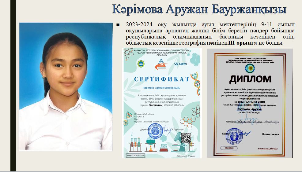 2023-2024 оқу жылында ауыл мектептерінің 9-11 сынып оқушыларына арналған жалпы білім беретін пәндер бойынша республикалық олимпиаданың бастапқы кезеңінен өтіп, облыстық кезеңінде география пәнінен ІІІ орынға ие болды.