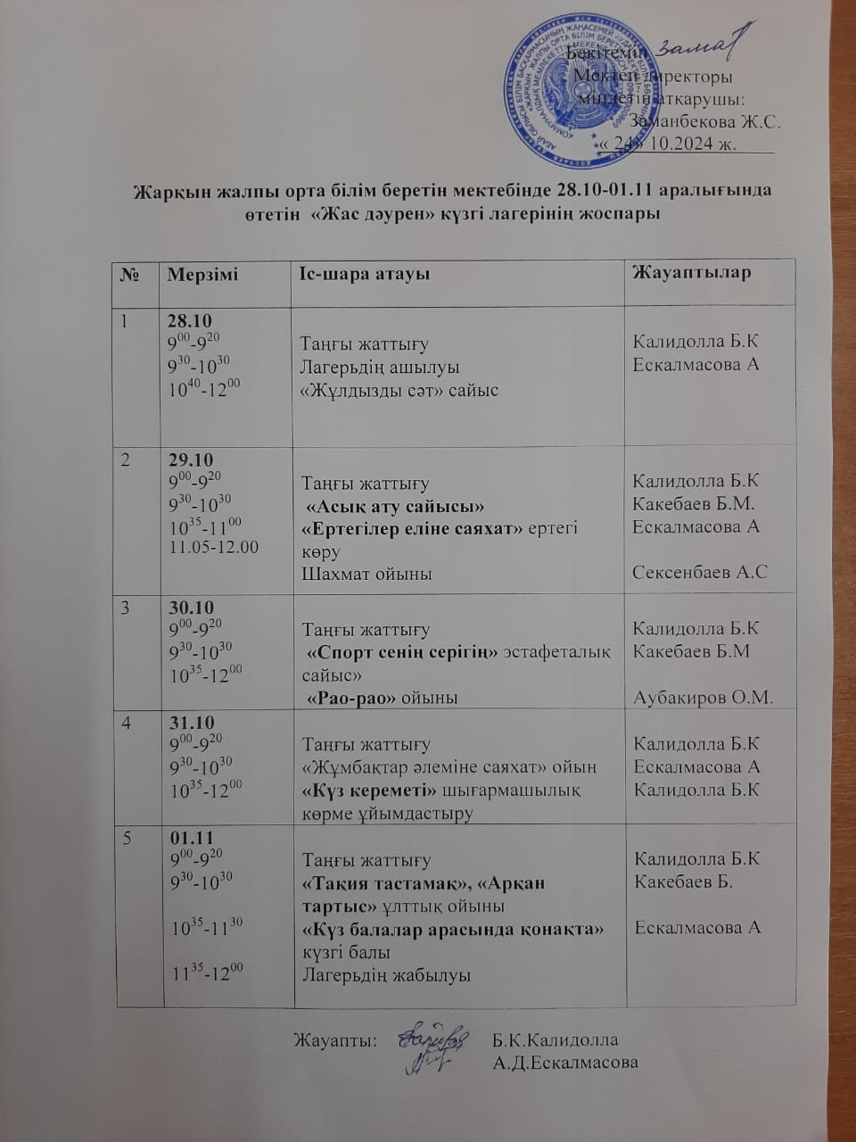 Жас дәурен күзгі лагерінің жоспары